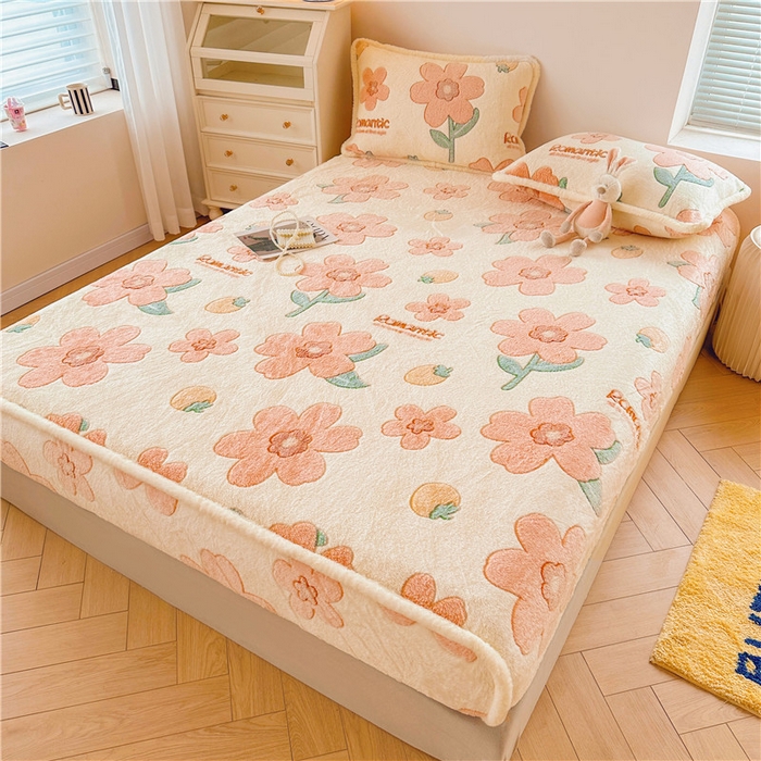 91家纺网 家纺一手货源 找家纺 喜居 喜居 2024新款雪花绒床笠印花牛奶绒床笠三件套单床笠 向阳花