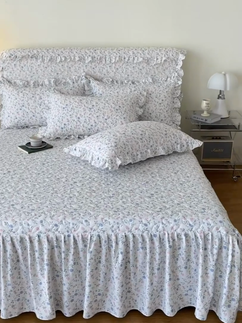 91家纺网 家纺一手货源 找家纺 十个点家纺 2024新款云锦棉印花床裙三件套-晚秋系列 秋叶-兰