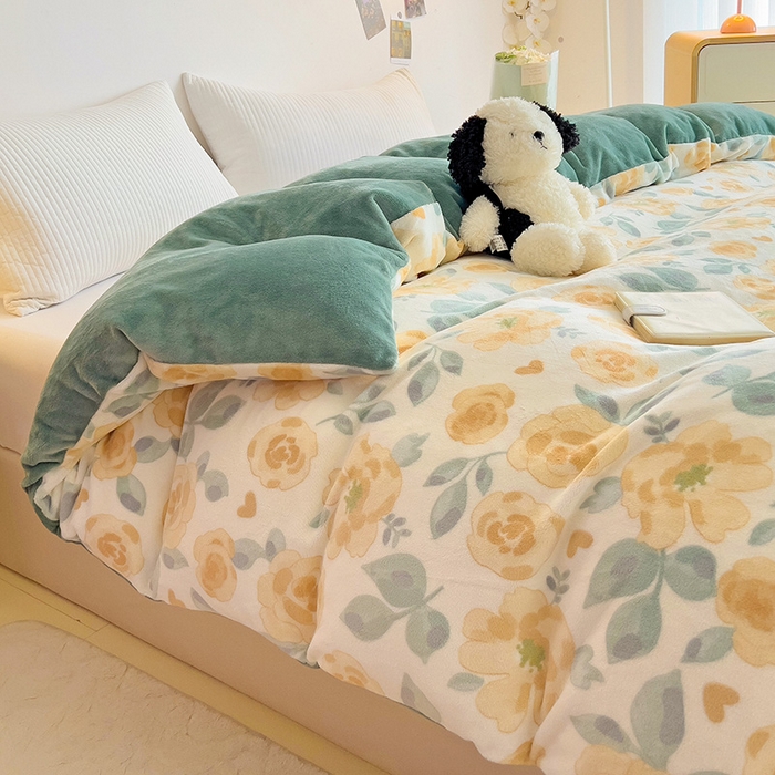 91家纺网 家纺一手货源 找家纺 大柏树 2025新款A类高克重亲肤舒适牛奶绒印花四件套-单被套可定制 朵柔-黄