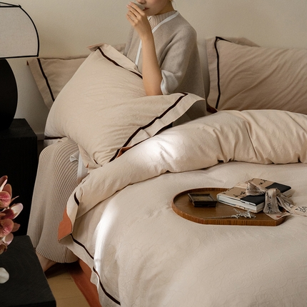 2024新款老钱风复古秋冬全棉加厚立体浮雕磨毛四件套 玫瑰燕麦