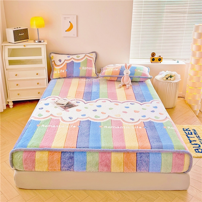 91家纺网 家纺一手货源 找家纺 喜居 喜居 2024新款雪花绒床笠印花牛奶绒床笠三件套单床笠 彩虹