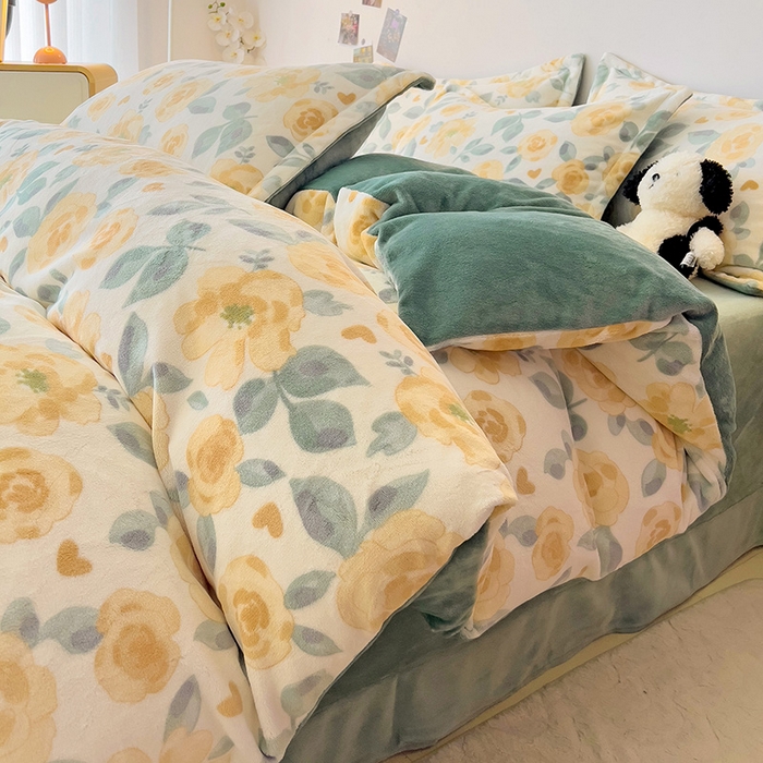 91家纺网 家纺一手货源 找家纺 大柏树 2025新款A类高克重亲肤舒适牛奶绒印花四件套-四件套可定制 朵柔-黄