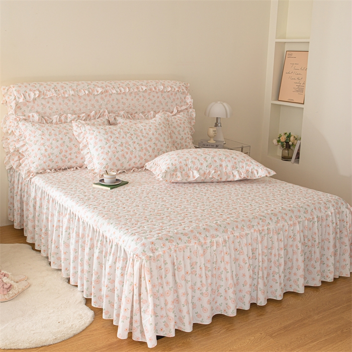 91家纺网 家纺一手货源 找家纺 十个点家纺 2024新款云锦棉印花床裙三件套-晚秋系列 红粉世家