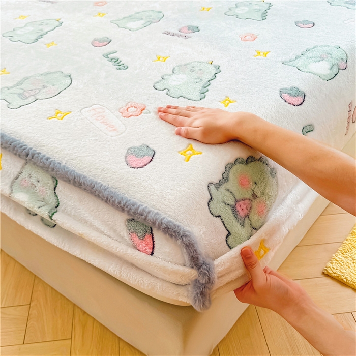 91家纺网 家纺一手货源 找家纺 喜居 喜居 2024新款雪花绒床笠印花牛奶绒床笠三件套单床笠 快乐恐龙