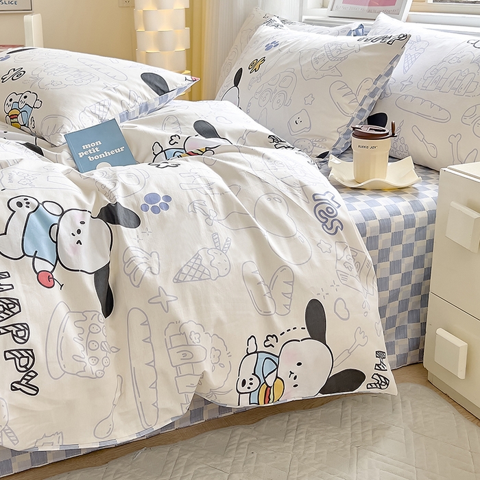 91家纺网 家纺一手货源 找家纺 拾物记 2024新款A类12868全棉喷气印花四件套 蓝色小狗