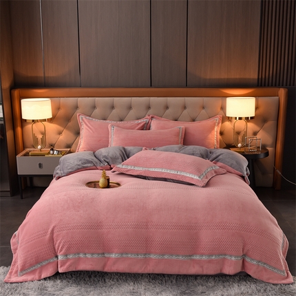 91家纺网 家纺一手货源 找家纺 金莎浪 2022新款A类加厚牛奶绒提花四件套-凯利凯利-豆沙红