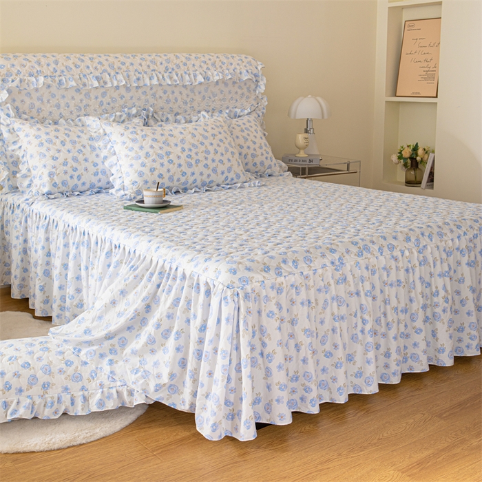 91家纺网 家纺一手货源 找家纺 十个点家纺 2024新款云锦棉印花床裙三件套-晚秋系列 蓝色玫瑰