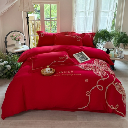 91家纺网 家纺一手货源 找家纺 红番天婚庆 2025新款全棉刺绣新中式婚庆四件套多件套 亦蝶-中国红