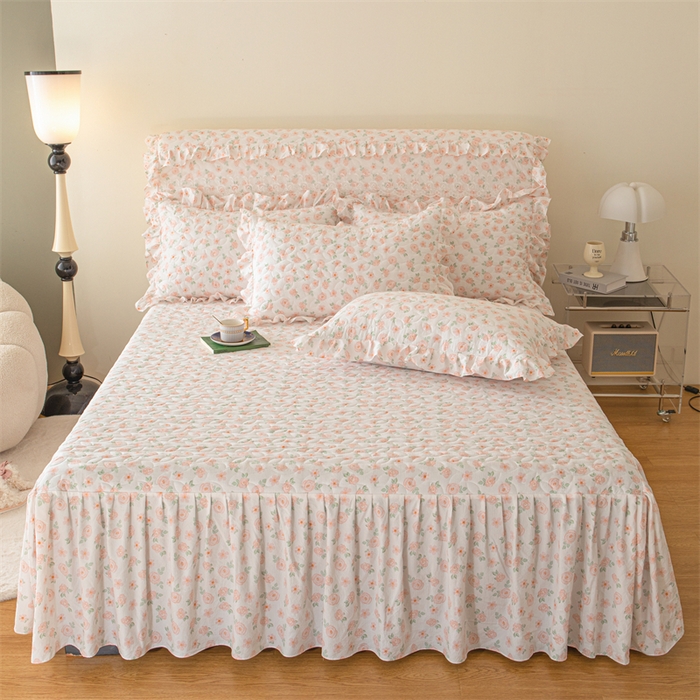 91家纺网 家纺一手货源 找家纺 十个点家纺 2024新款云锦棉印花床裙三件套-晚秋系列 红粉世家