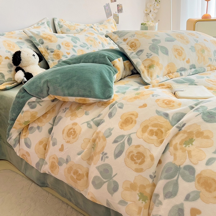 91家纺网 家纺一手货源 找家纺 大柏树 2025新款A类高克重亲肤舒适牛奶绒印花四件套-四件套可定制 朵柔-黄