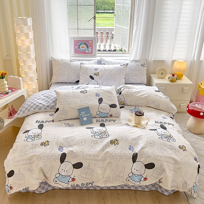 91家纺网 家纺一手货源 找家纺 拾物记 2024新款A类12868全棉喷气印花四件套 蓝色小狗