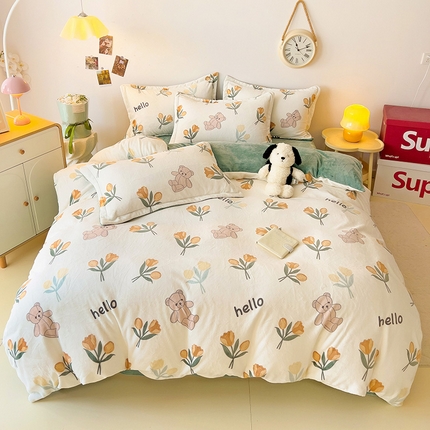 大柏树 2025新款A类高克重亲肤舒适牛奶绒印花四件套-四件套可定制 艾薇-黄