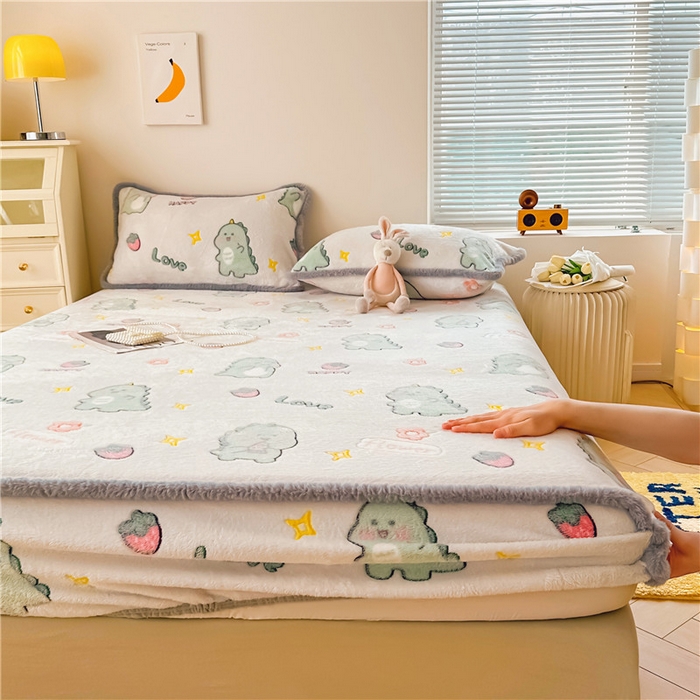 91家纺网 家纺一手货源 找家纺 喜居 喜居 2024新款雪花绒床笠印花牛奶绒床笠三件套单床笠 快乐恐龙