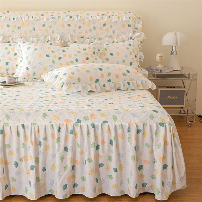 91家纺网 家纺一手货源 找家纺 十个点家纺 2024新款云锦棉印花床裙三件套-晚秋系列 杏叶繁花