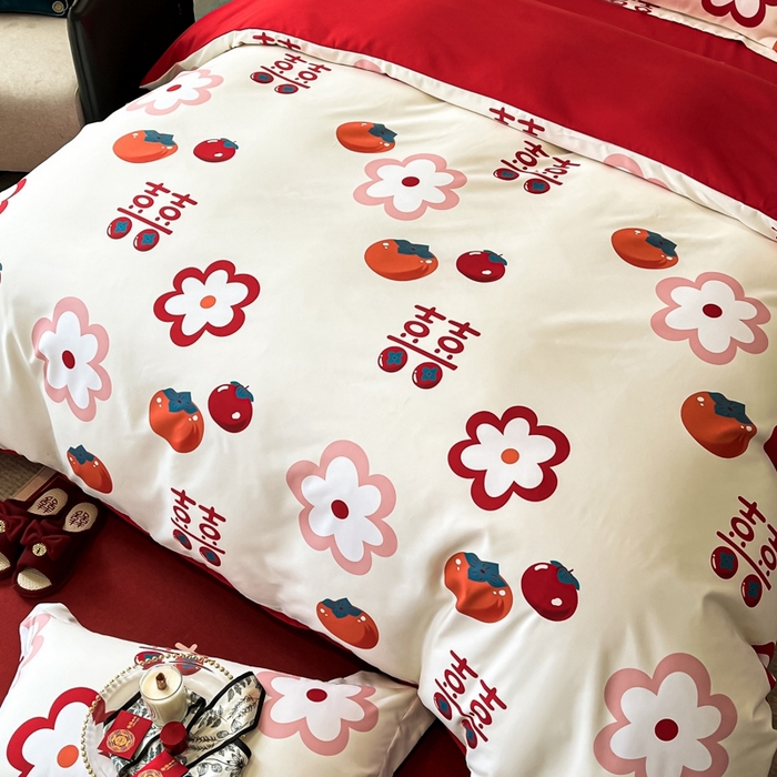 91家纺网 家纺一手货源 找家纺 金牛座家纺 2025新款高克重亲肤棉磨毛数码印花婚庆四件套配高档礼盒 柿柿如意