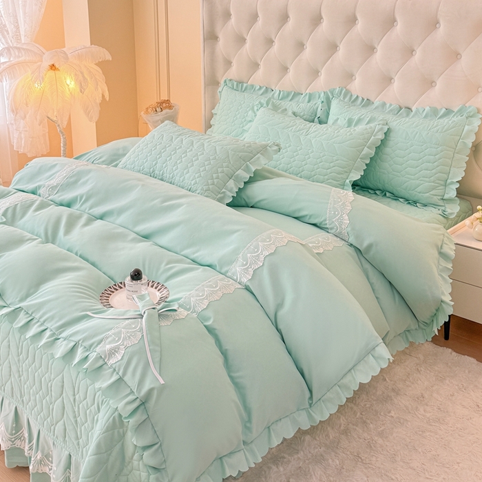 91家纺网 家纺一手货源 找家纺 金米诺 2024新款水洗磨毛床盖四件套 浅绿