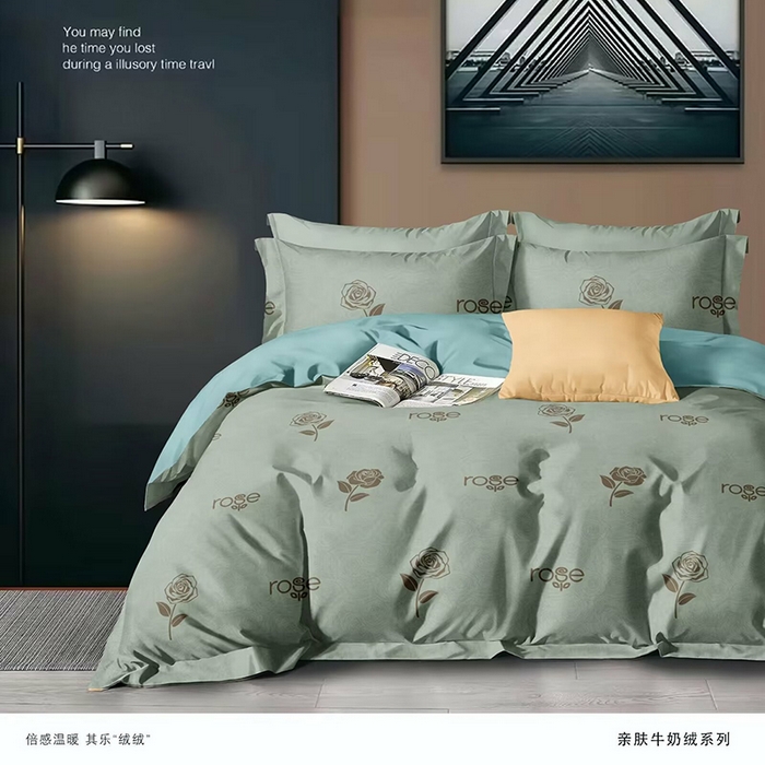 91家纺网 家纺一手货源 找家纺 优纤家纺 2024新款加厚保暖牛奶绒印花四件套 rose-绿