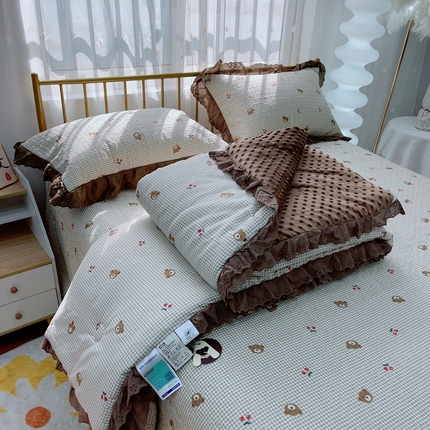 暖居 2024暖居韩版纯棉豆豆被高温砂洗床盖四件套同款全棉被套熊头格子
