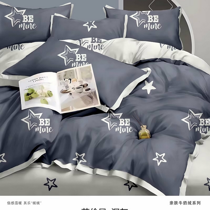 91家纺网 家纺一手货源 找家纺 优纤家纺 2024新款加厚保暖牛奶绒印花四件套 英伦风-深灰