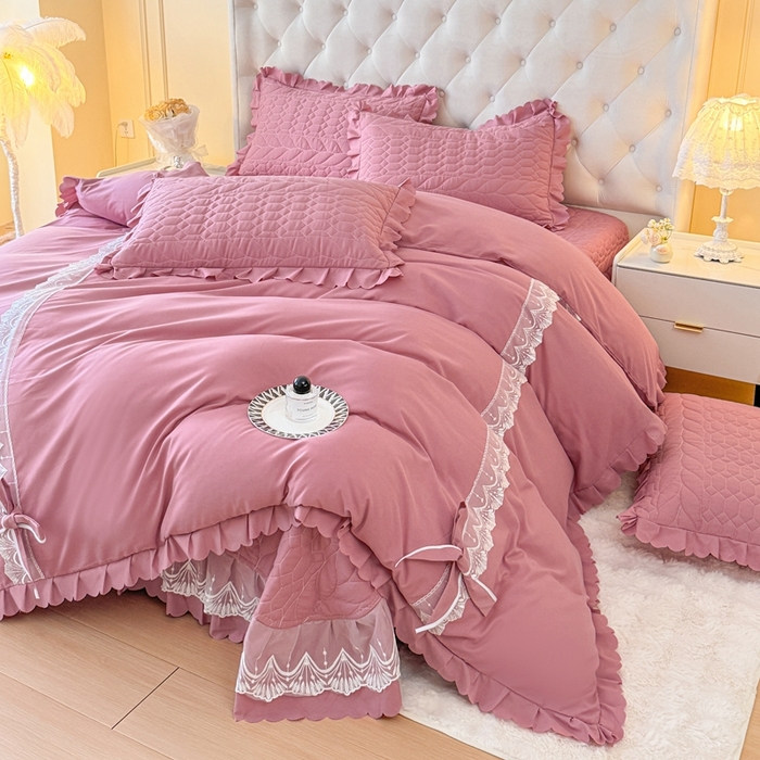 91家纺网 家纺一手货源 找家纺 金米诺 2024新款水洗磨毛床盖四件套 豆沙