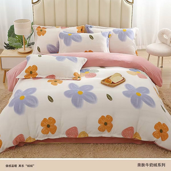 91家纺网 家纺一手货源 找家纺 优纤家纺 2024新款加厚保暖牛奶绒印花四件套 花恋