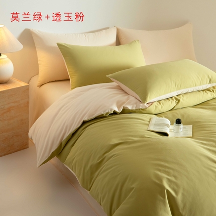 Mr.pig猪先生水洗棉 2024新款A类50全棉磨毛单品-四件套 莫兰绿+透玉粉