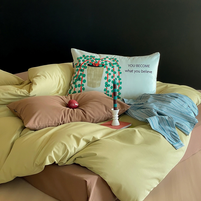 91家纺网 家纺一手货源 找家纺 圆岛家纺 2024秋冬新款纯色孟菲斯博主风时尚全棉磨毛五件套 尼罗绿拼深咖