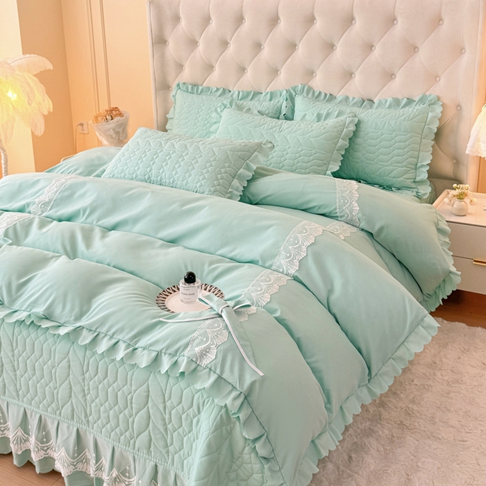 91家纺网 家纺一手货源 找家纺 金米诺 2024新款水洗磨毛床盖四件套 浅绿