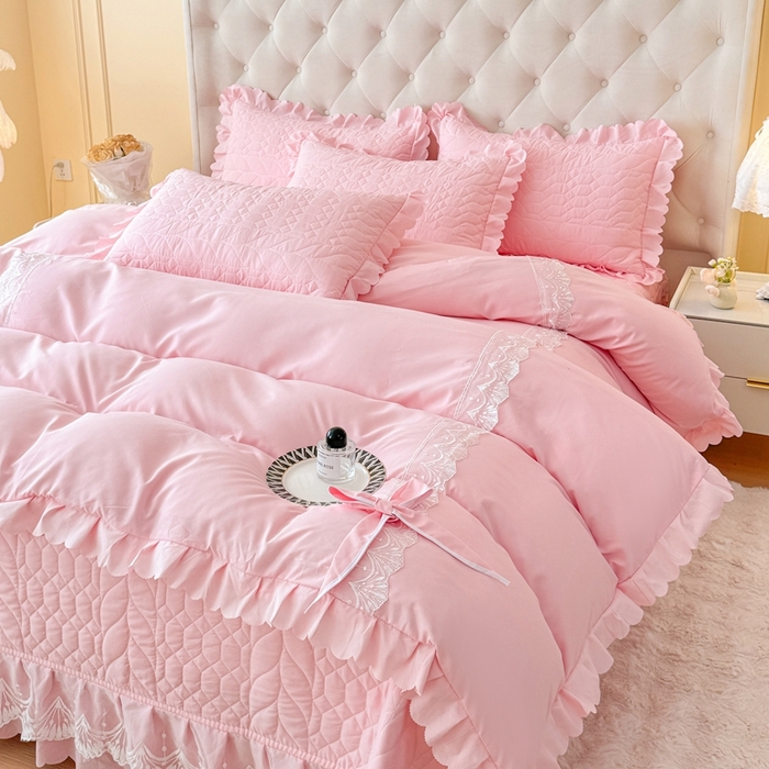 91家纺网 家纺一手货源 找家纺 金米诺 2024新款水洗磨毛床盖四件套 粉色