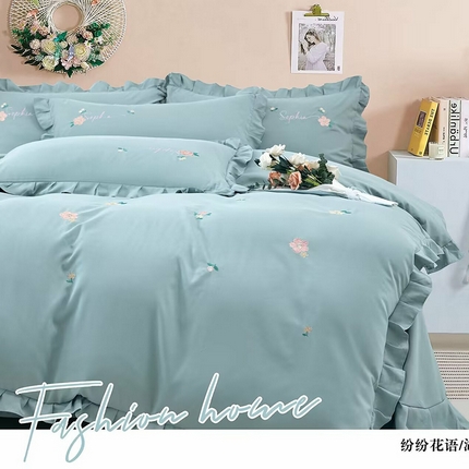 91家纺网 家纺一手货源 找家纺 优纤家纺 2024新款亲肤舒适四件套-缤纷花语 缤纷花语-湖水绿
