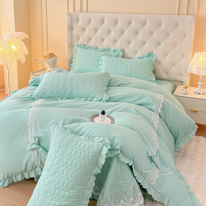 91家纺网 家纺一手货源 找家纺 金米诺 2024新款水洗磨毛床盖四件套 浅绿