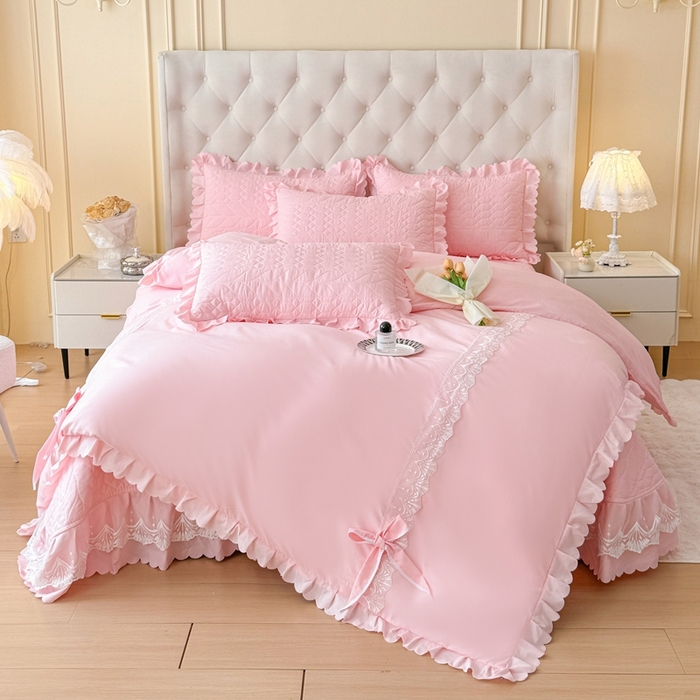 91家纺网 家纺一手货源 找家纺 金米诺 2024新款水洗磨毛床盖四件套 粉色