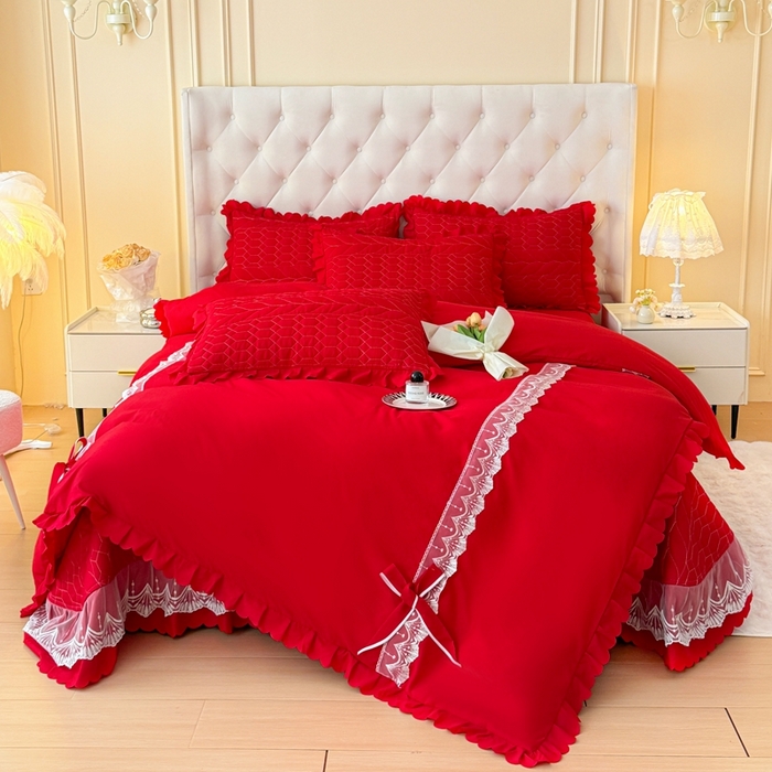 91家纺网 家纺一手货源 找家纺 金米诺 2024新款水洗磨毛床盖四件套 大红