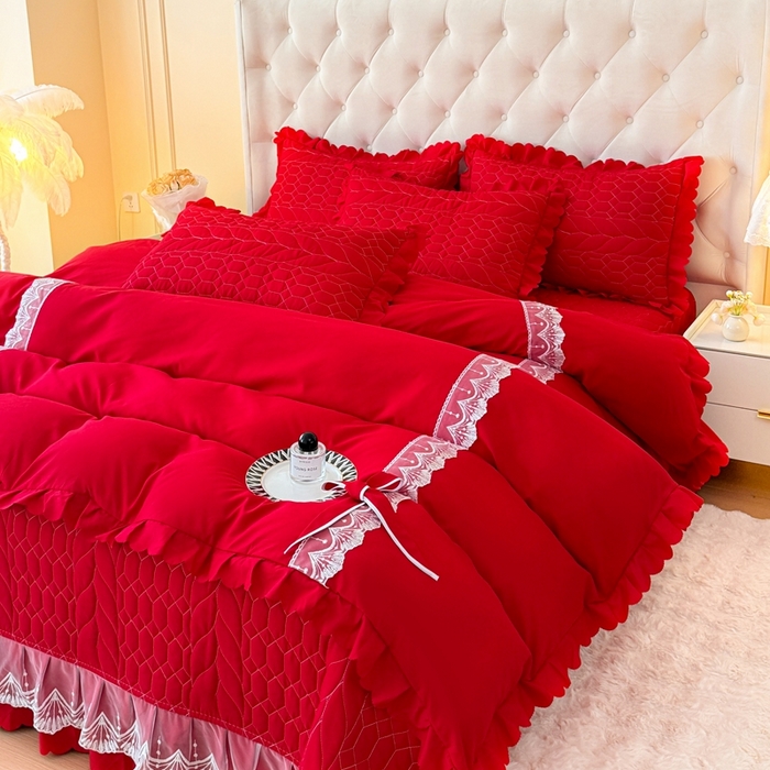 91家纺网 家纺一手货源 找家纺 金米诺 2024新款水洗磨毛床盖四件套 大红