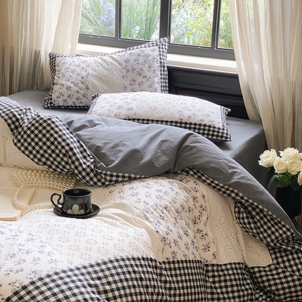 91家纺网 家纺一手货源 找家纺 旷野 2023新款水洗棉-微甜小柏丽四件套 棚拍 经典黑