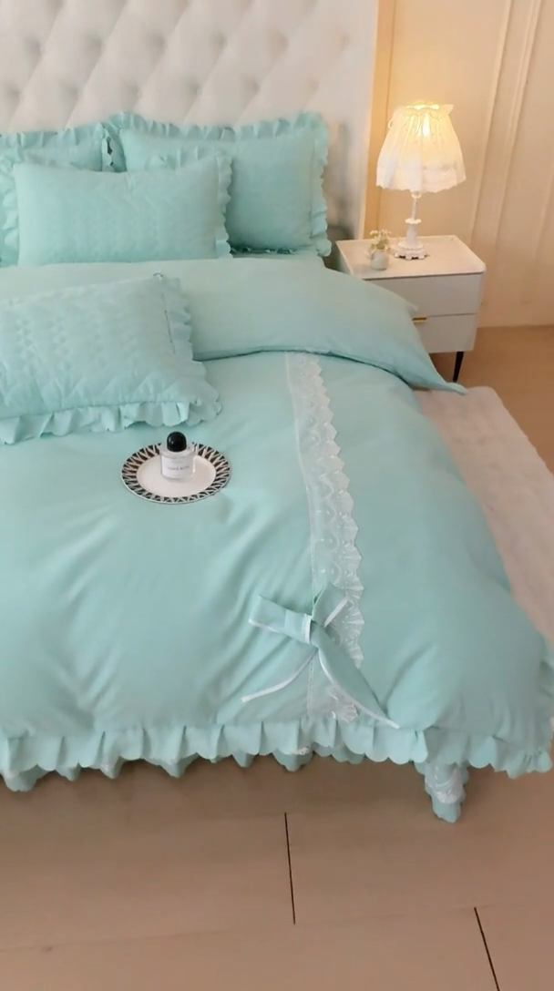 91家纺网 家纺一手货源 找家纺 金米诺 2024新款水洗磨毛床盖四件套 浅绿