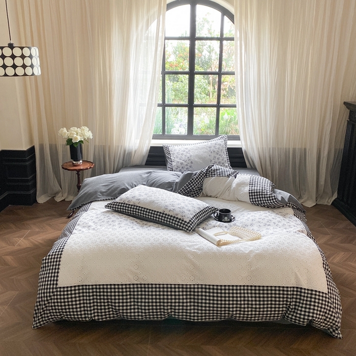 91家纺网 家纺一手货源 找家纺 旷野 2023新款水洗棉-微甜小柏丽四件套 实拍 经典黑