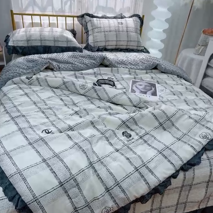 91家纺网 家纺一手货源 找家纺 暖居 2024暖居韩版纯棉豆豆被高温砂洗床盖四件套同款全棉被套小香格子