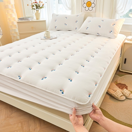 91家纺网 家纺一手货源 找家纺 迪梦思家纺 2024新款A类亲肤原棉刺绣床笠床垫保护套--彩虹系列 彩虹-本白