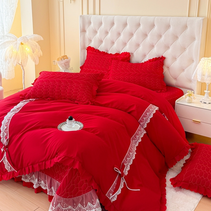 91家纺网 家纺一手货源 找家纺 金米诺 2024新款水洗磨毛床盖四件套 大红