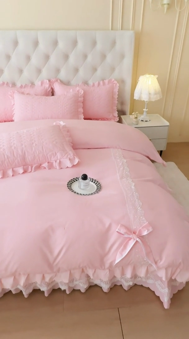 91家纺网 家纺一手货源 找家纺 金米诺 2024新款水洗磨毛床盖四件套 粉色