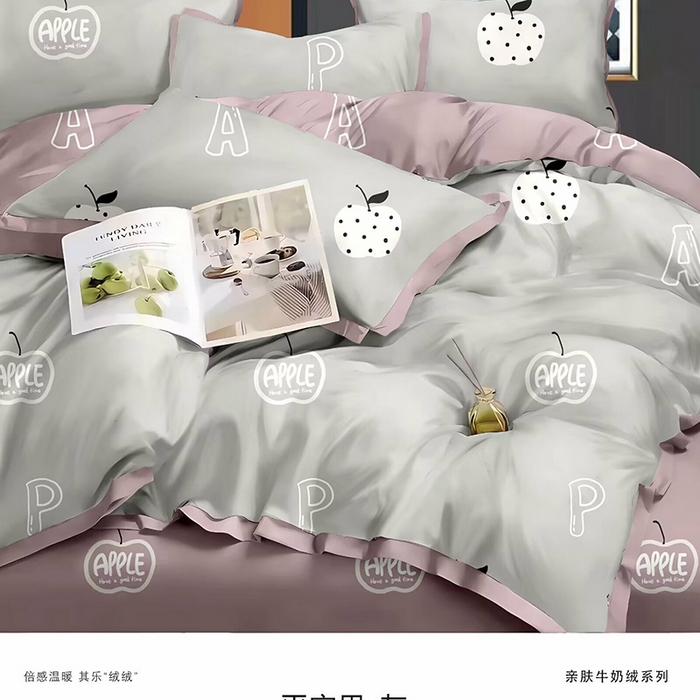 91家纺网 家纺一手货源 找家纺 优纤家纺 2024新款加厚保暖牛奶绒印花四件套 平安果-灰