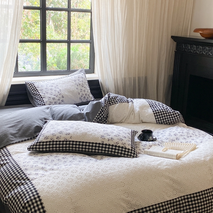 91家纺网 家纺一手货源 找家纺 旷野 2023新款水洗棉-微甜小柏丽四件套 棚拍 经典黑