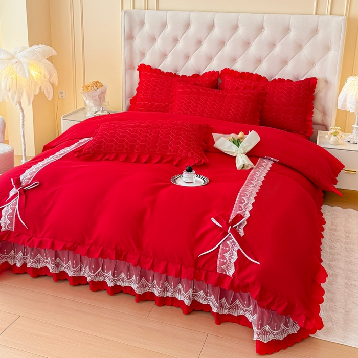 91家纺网 家纺一手货源 找家纺 金米诺 2024新款水洗磨毛床盖四件套 大红