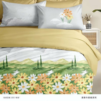 91家纺网 家纺一手货源 找家纺 优纤家纺 2024新款加厚保暖牛奶绒印花四件套 花桥流水-黄