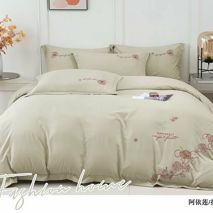 91家纺网 家纺一手货源 找家纺 优纤家纺 2024新款亲肤舒适绣花四件套-阿依莲 阿依莲-抹茶绿