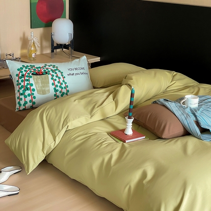 圆岛家纺 2024秋冬新款纯色孟菲斯博主风时尚全棉磨毛五件套 尼罗绿拼深咖