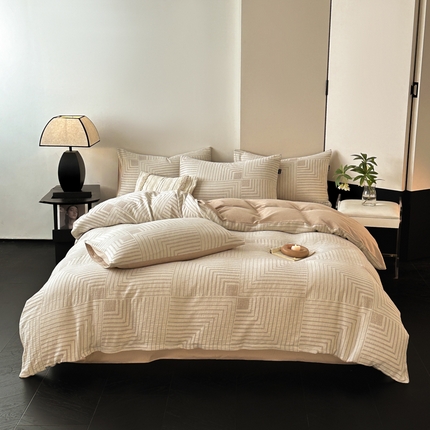 典曼家纺 2024秋冬新款A类三层纱加厚磨毛大提花四件套 意象空间-棕