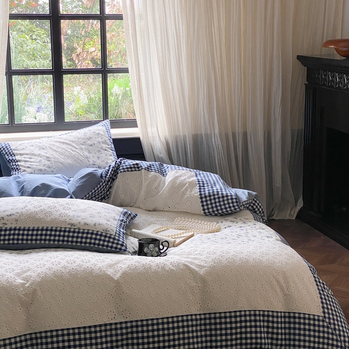 91家纺网 家纺一手货源 找家纺 旷野 2023新款水洗棉-微甜小柏丽四件套 实拍 莫奈蓝