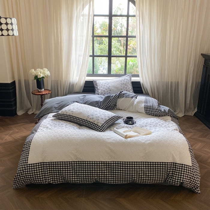 91家纺网 家纺一手货源 找家纺 旷野 2023新款水洗棉-微甜小柏丽四件套 实拍 经典黑